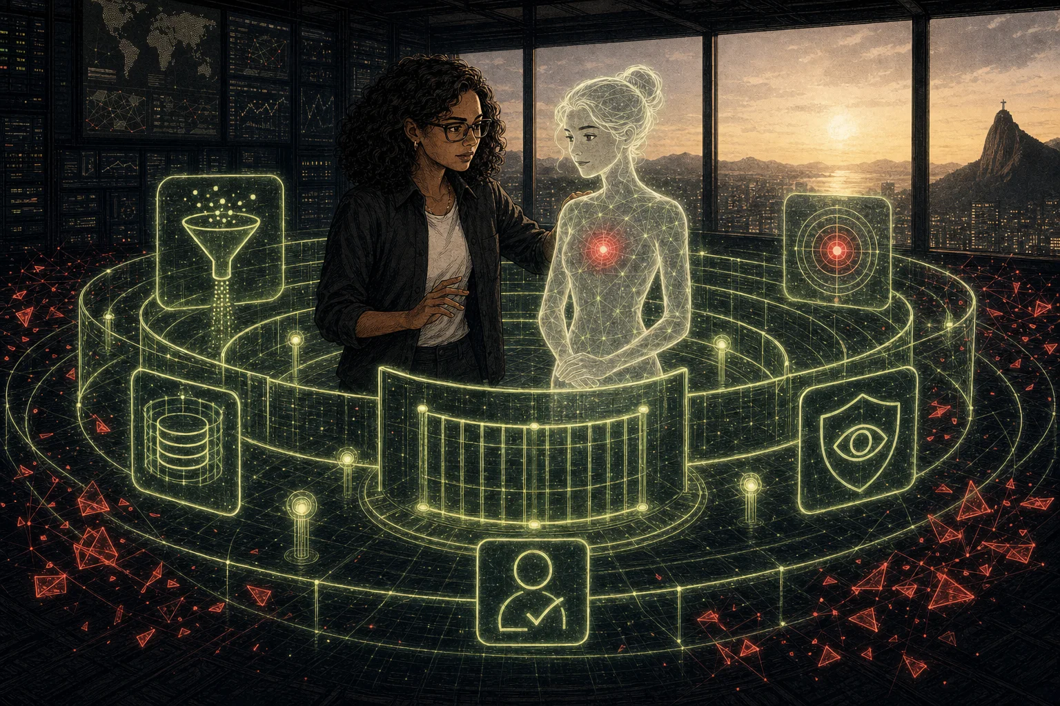 Lia and Nora stand inside multiple security layers while the attack fragments remain outside