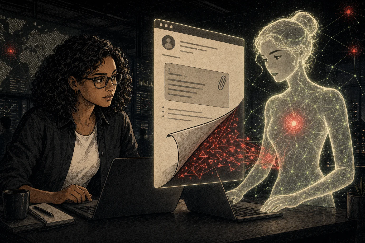 Lia watches Nora process an ordinary ticket that conceals a malicious instruction beneath its surface