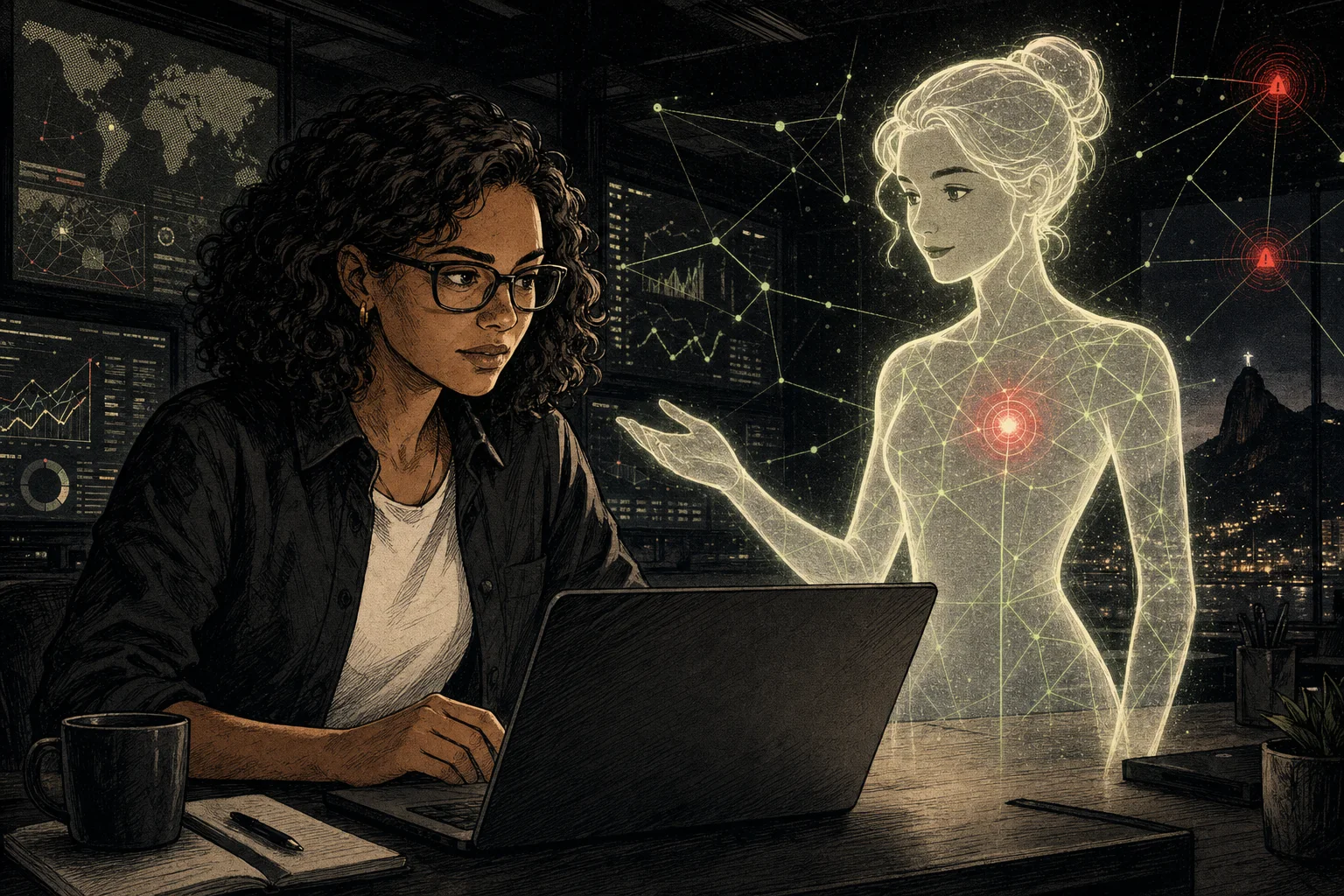 Lia works at her computer while Nora, her AI agent, appears beside her connected to company systems