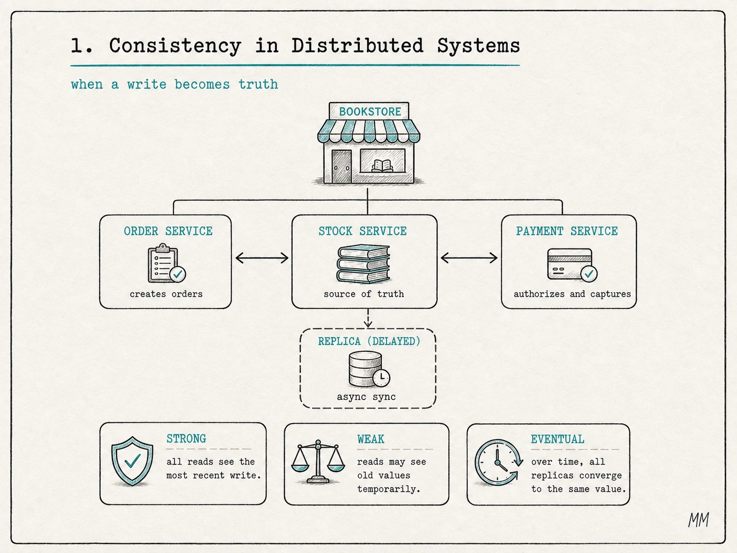 Consistency in distributed systems: order service, stock service, payment service and delayed replica showing when a write becomes truth. The image summarizes strong, weak and eventual consistency.