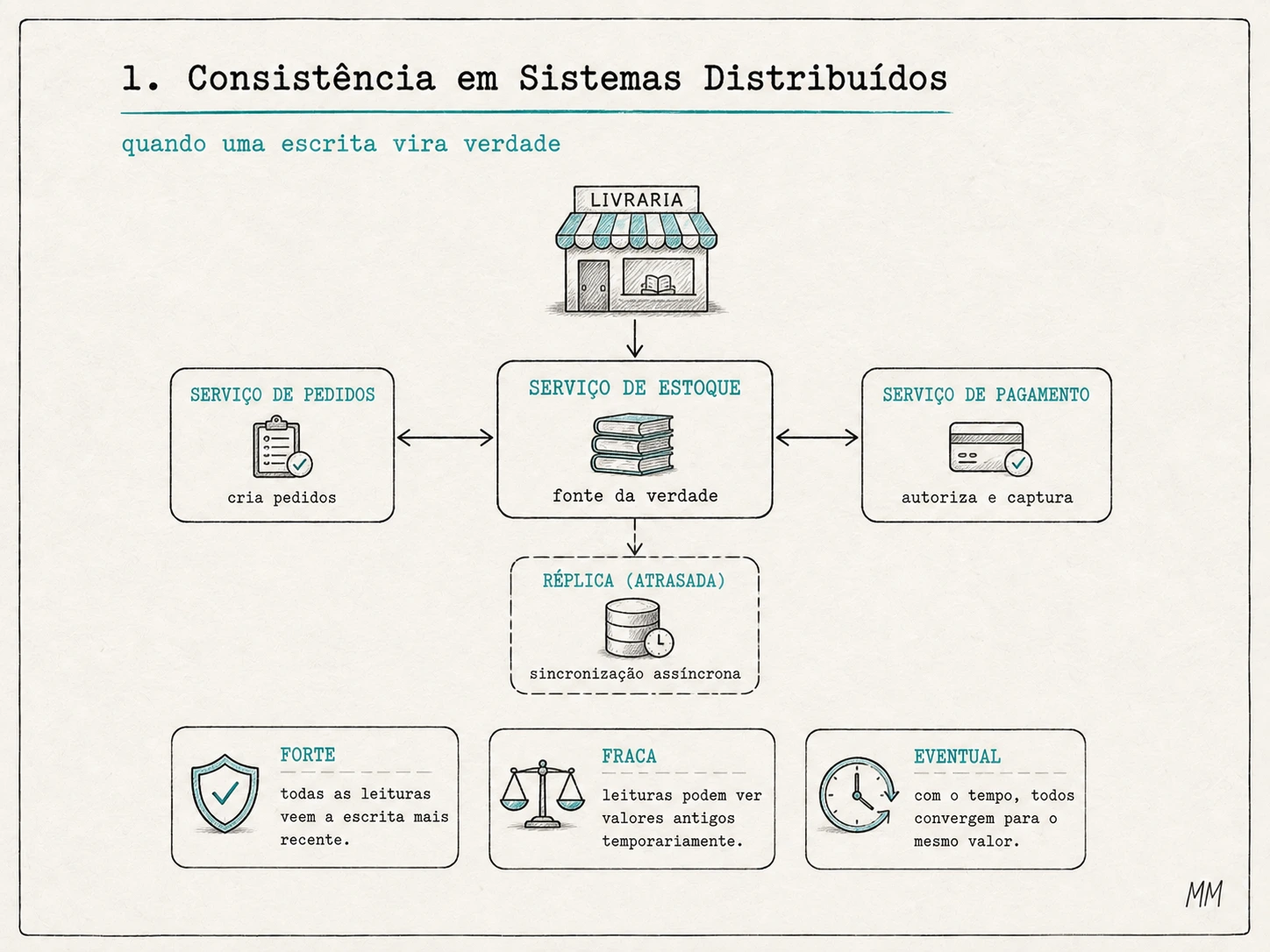 Padrões de consistência em sistemas distribuídos: serviços de pedidos, estoque, pagamento e réplica mostrando quando uma escrita vira verdade. A imagem resume consistência forte, fraca e eventual.