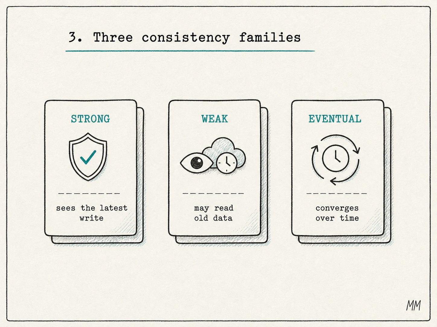 Three consistency families: strong sees the latest write, weak may read old data, and eventual converges over time.