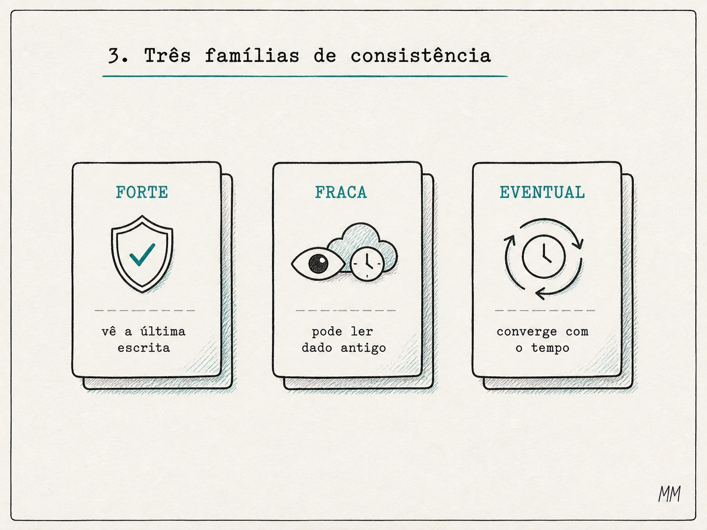 Três famílias de consistência: forte lê sempre a última escrita, fraca pode ler dado antigo e eventual converge com o tempo.