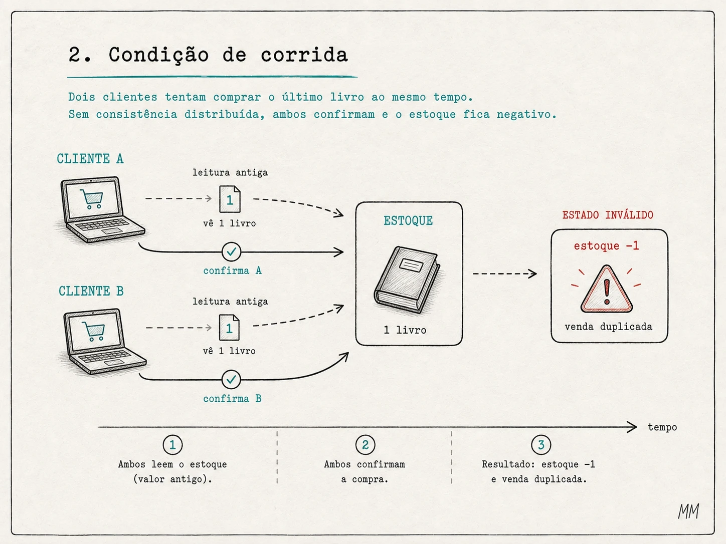 Condição de corrida: Cliente A e Cliente B compram ao mesmo tempo quando o estoque mostra um exemplar; sem controle de consistência, o estoque pode terminar negativo.