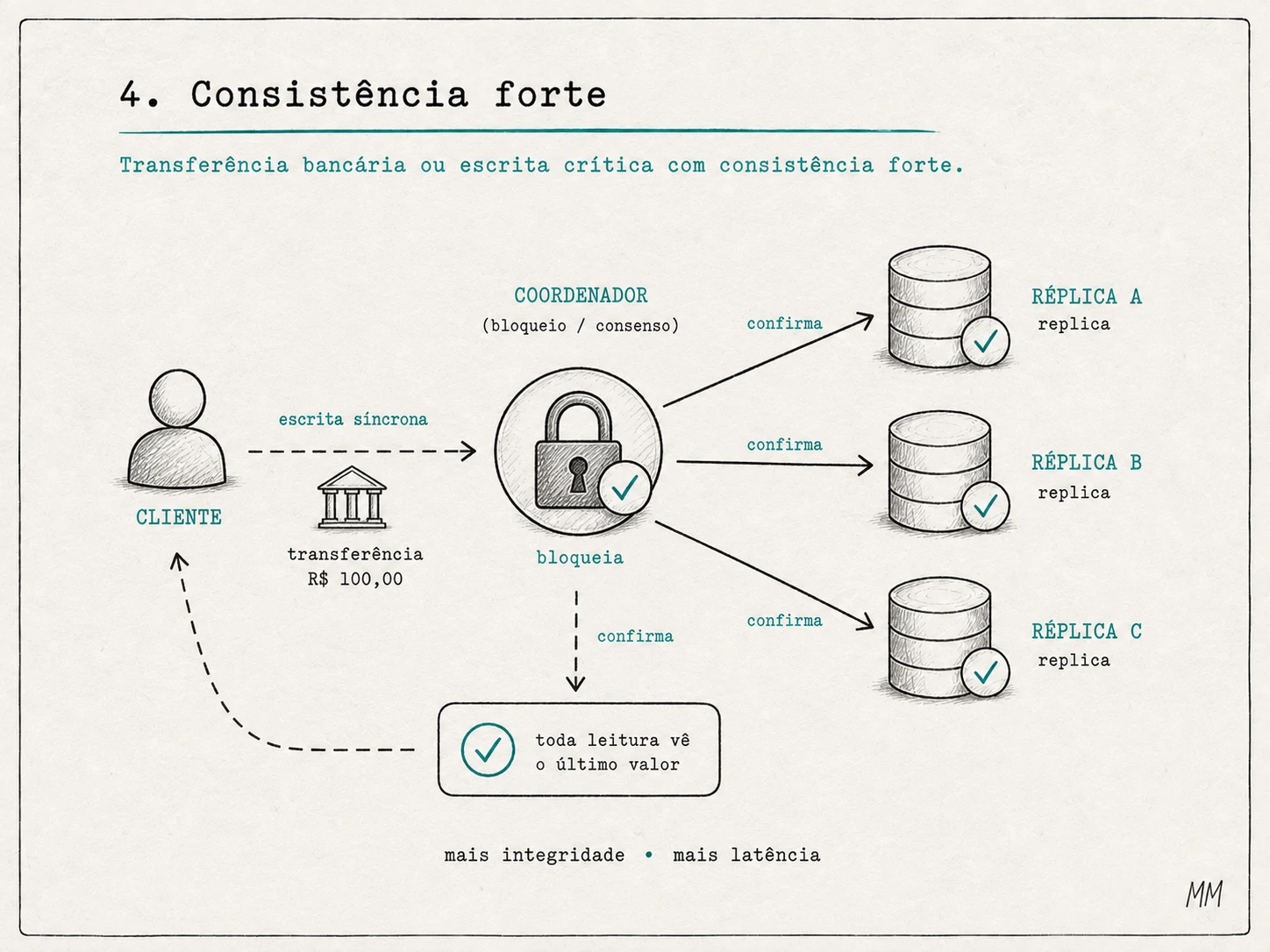 Consistência forte: cliente envia uma transferência para um coordenador que espera as réplicas A, B e C confirmarem antes de responder.