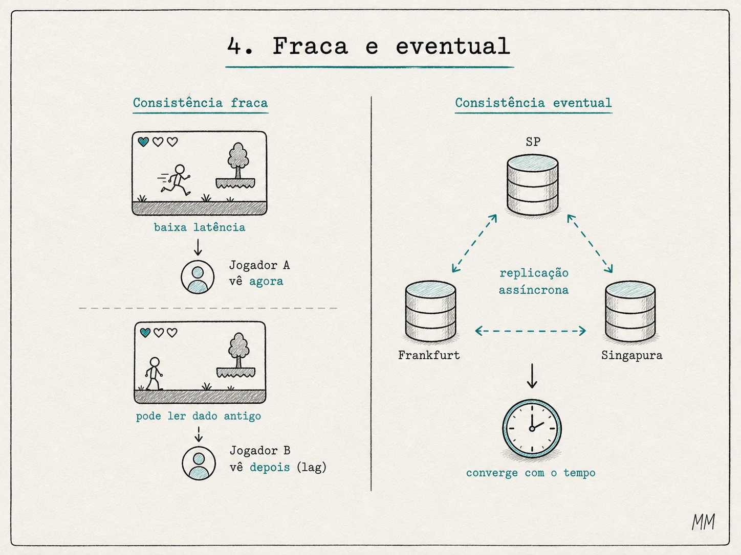 Consistência fraca em jogo online: a região principal vê o movimento na hora, um jogador com lag pode ver depois, e a partida não trava esperando todas as confirmações.