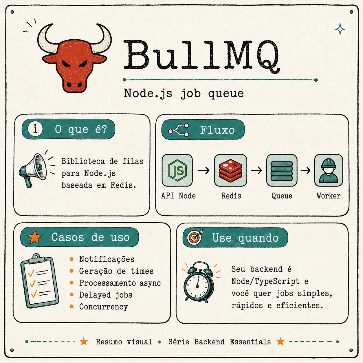 Cartaz ilustrado do BullMQ mostrando o fluxo API Node, Redis, queue e worker, com casos de uso como notificacoes, geracao de times e processamento assincrono.