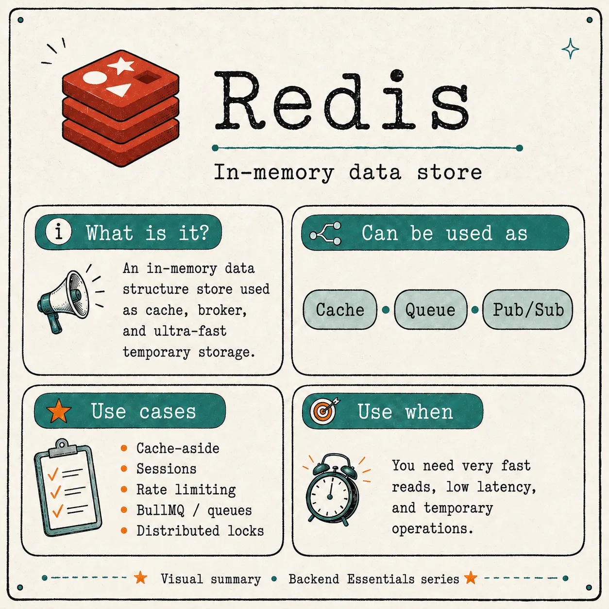 Illustrated poster of Redis explaining it is an in-memory data structure used as cache, queue and pub/sub, with use cases like cache-aside, sessions, rate limiting and distributed locks.