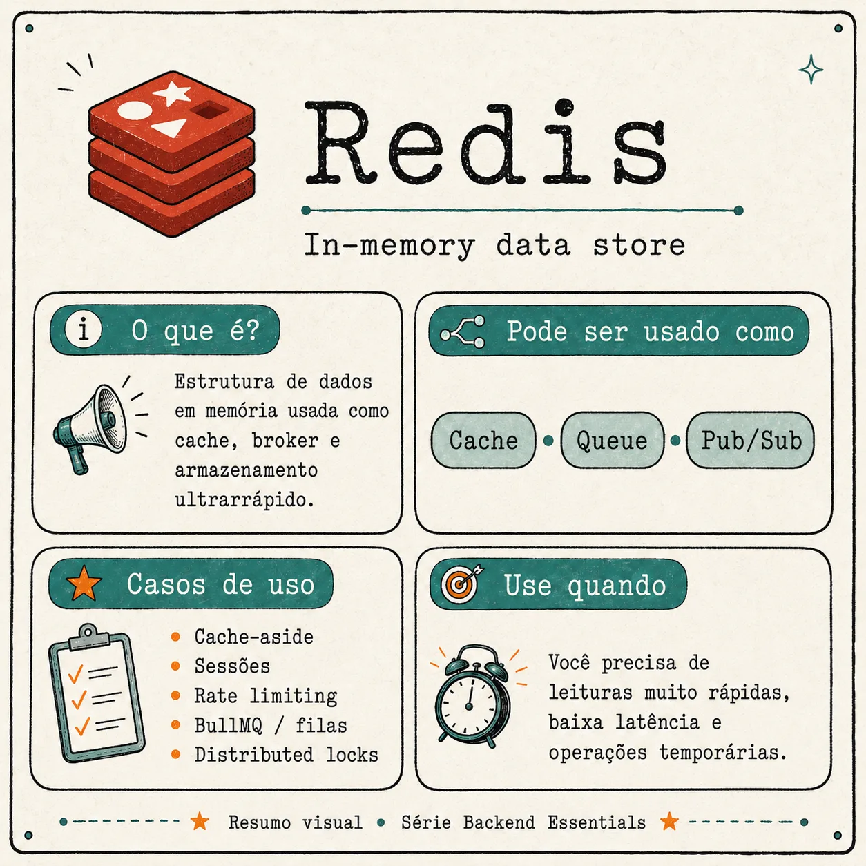 Cartaz ilustrado do Redis explicando que e uma estrutura de dados em memoria usada como cache, fila e pub/sub, com casos de uso como cache-aside, sessoes, rate limiting e distributed locks.
