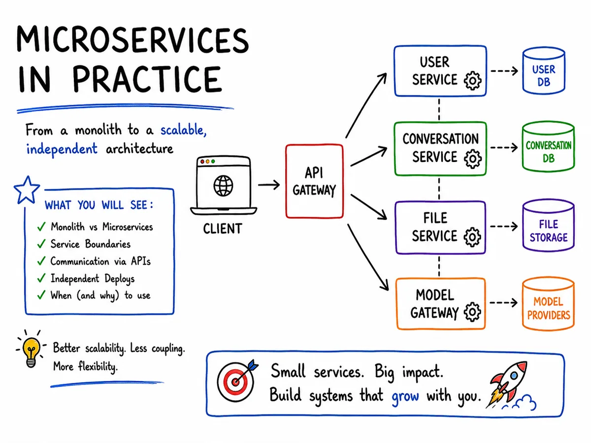 Microsserviços na prática: um cliente envia uma requisição a um API Gateway, que a roteia para o User Service, Conversation Service, File Service ou Model Gateway, cada um com seu próprio banco ou armazenamento. Uma checklist lista: monólito vs microsserviços, limites de serviço, comunicação por APIs, deploys independentes, quando e por que usar.
