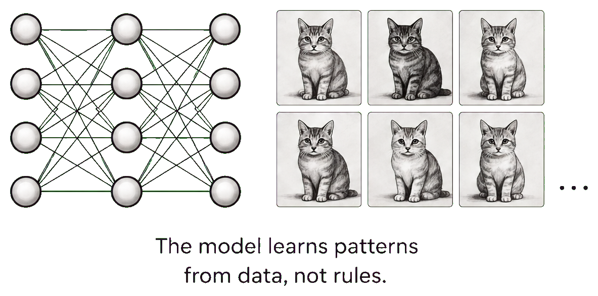 Rede neural desenhada ao lado de uma grade de fotos de gatos