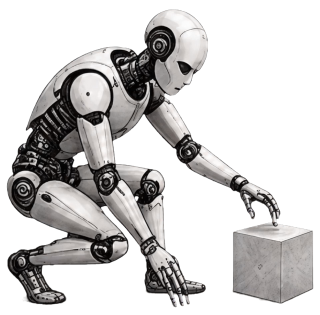 Robô humanoide desenhado, agachado, tocando um cubo no chão
